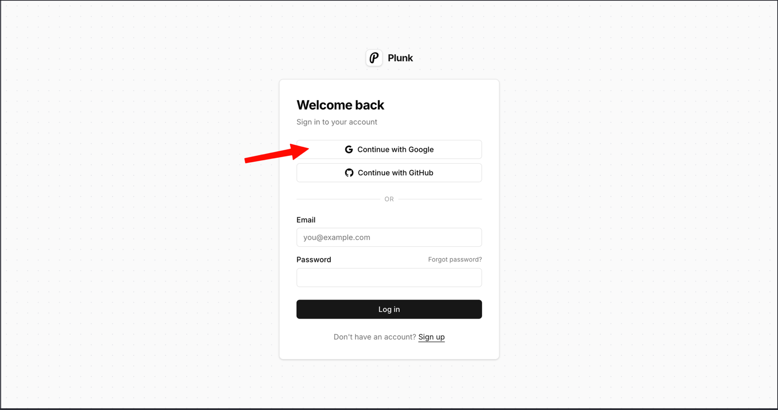 Plunk login — klik Continue with Google