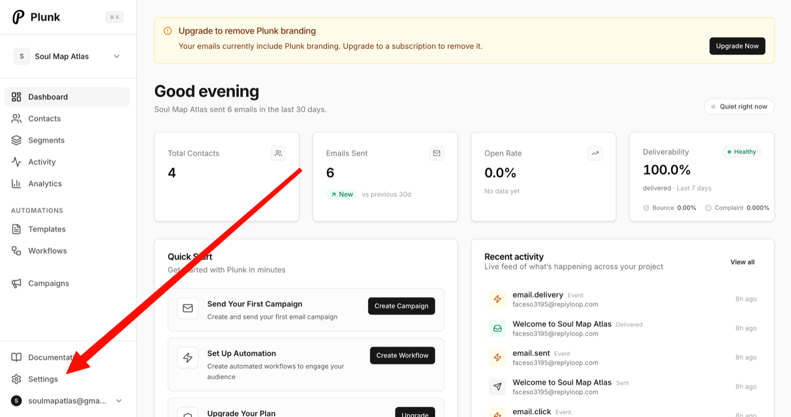 Dashboard Plunk — klik Settings di sidebar