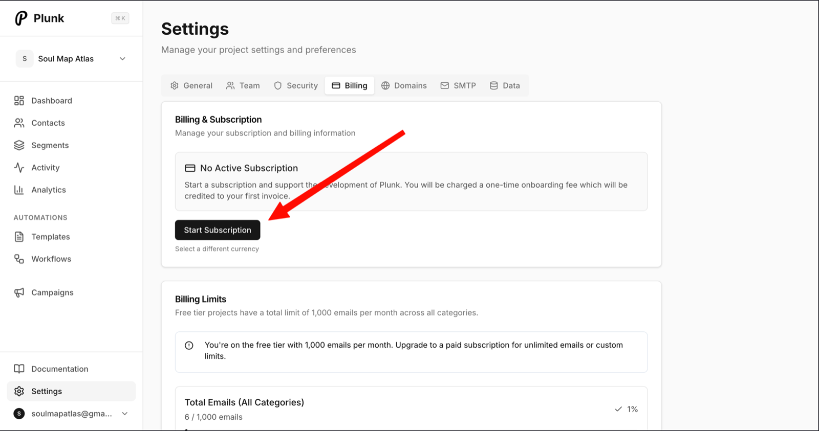 Settings → Billing → Start Subscription